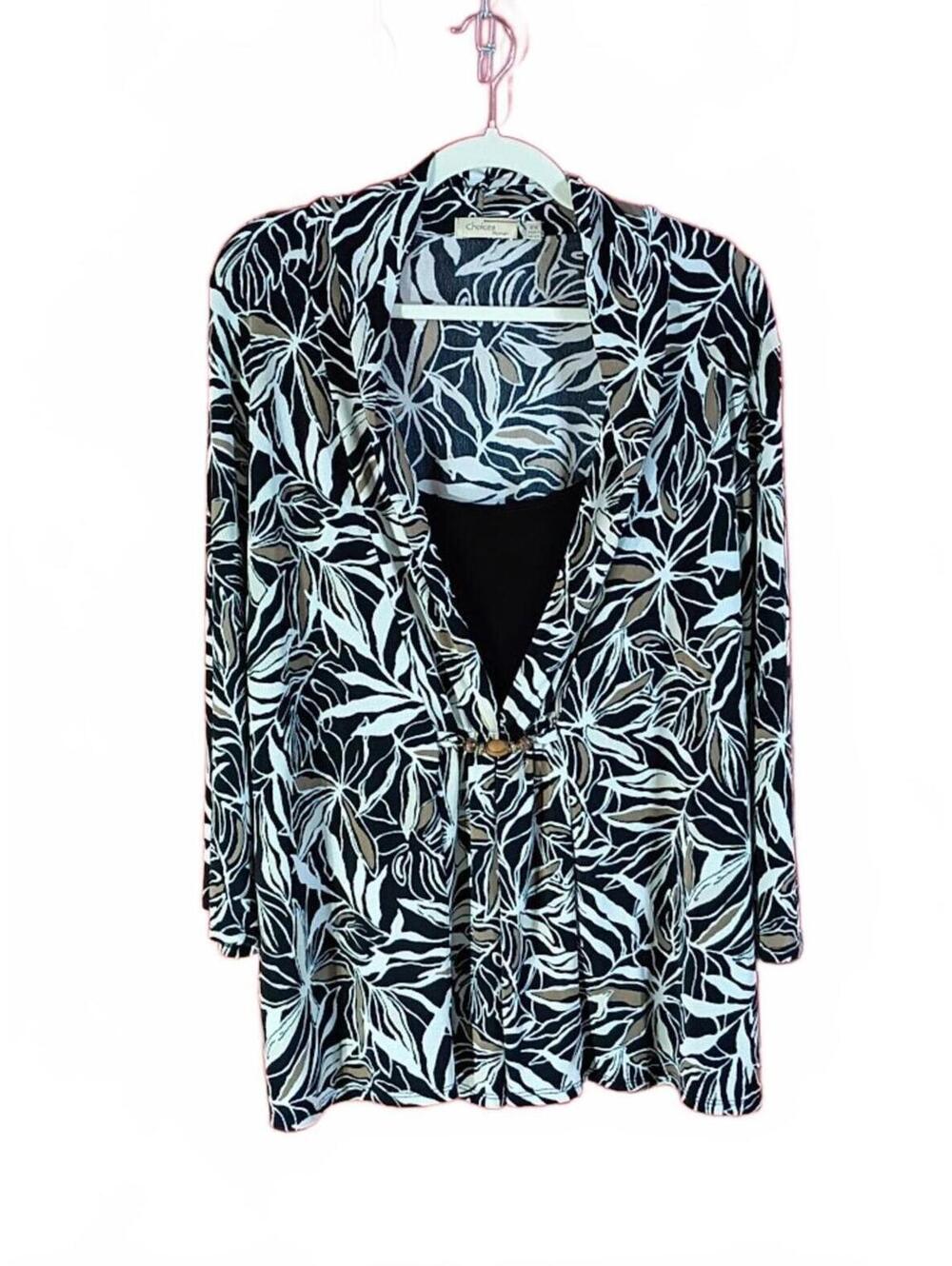 Choices Long Sleeve Leaf Print Cardigan with Wooden Bead Detail Plus Size 2X